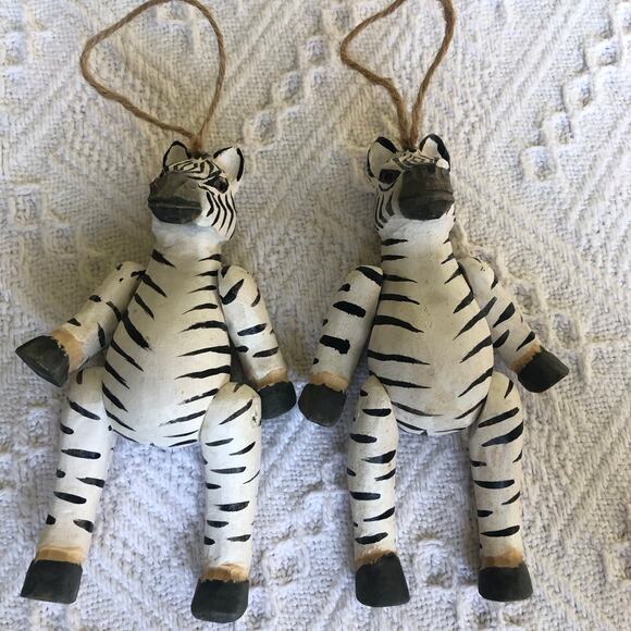 Vintage Wooden Zebra Ornaments Set Of 2 Jointed Hand-Painted 5.75" Folk Art 90s - Picture 6 of 11